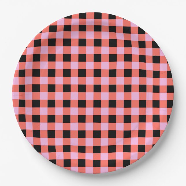 Plato De Papel Patrón de Gingham negro rosado (Anverso)