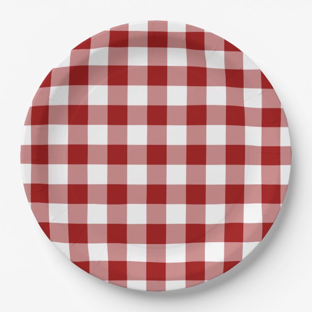 Plato De Papel Patrón de Gingham rojo y blanco (Anverso)