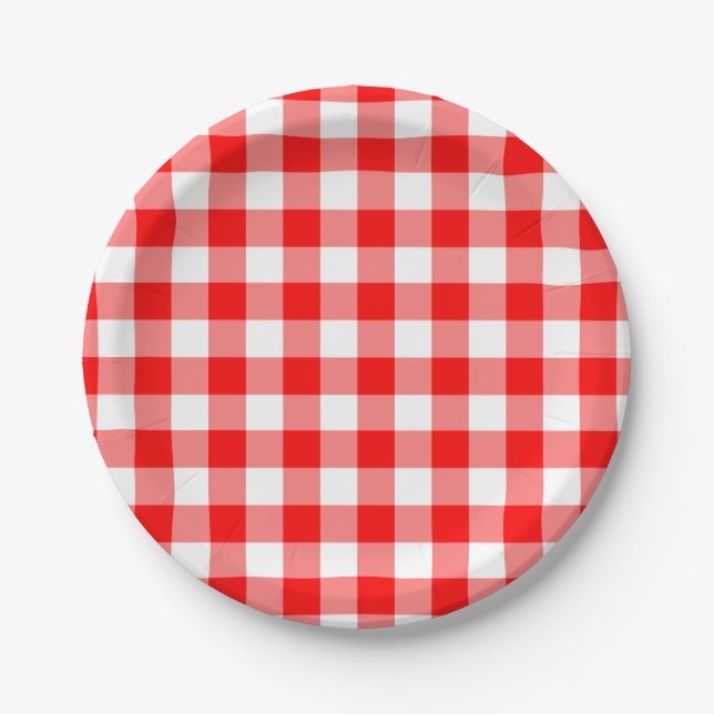 Plato De Papel Patrón de Gingham rojo y blanco (Anverso)