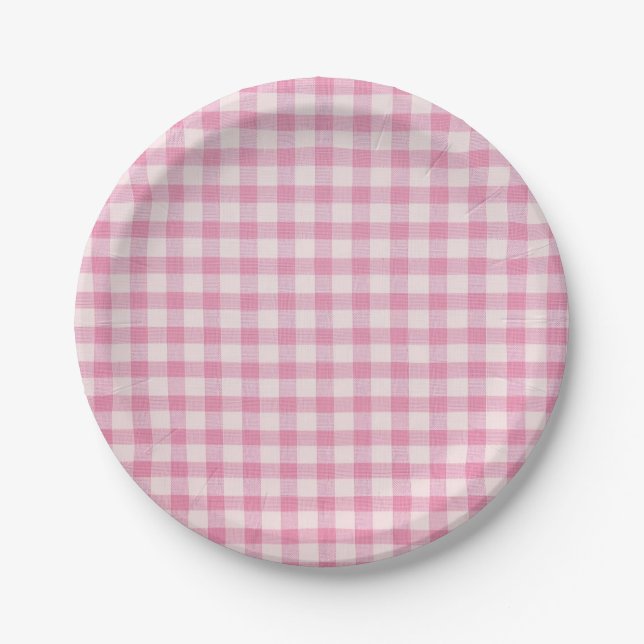 Plato De Papel Patrón de Gingham Rosa Bebé (Anverso)