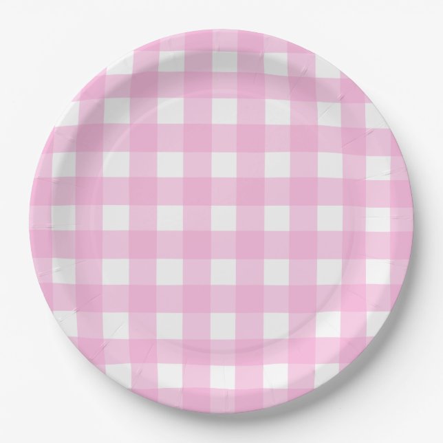 Plato De Papel Patrón de Gingham rosa Pastel (Anverso)