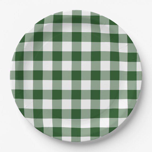 Plato De Papel Patrón de Gingham verde y blanco (Anverso)