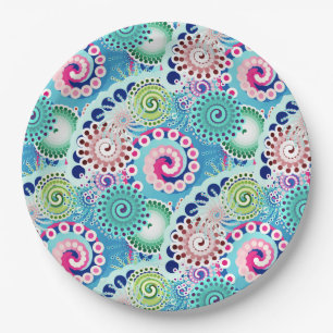 Plato De Papel Patrón de giro fractal, turquesa, rosa, múltiple