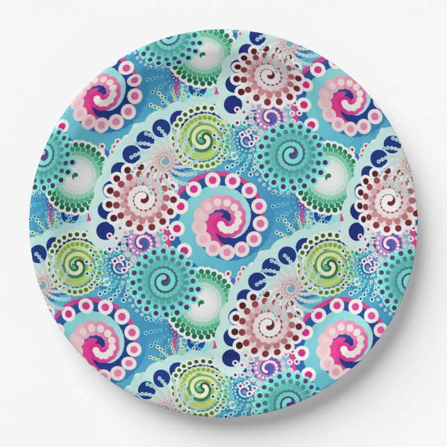 Plato De Papel Patrón de giro fractal, turquesa, rosa, múltiple (Anverso)