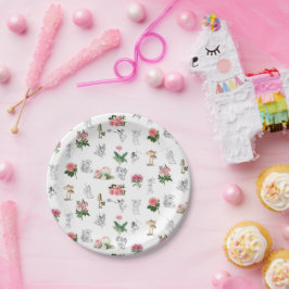 Plato De Papel Patrón de hadas rosadas florales y champiñones