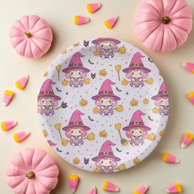 Plato De Papel Patrón de Halloween de bruja suave con calabazas y (Subido por el creador)