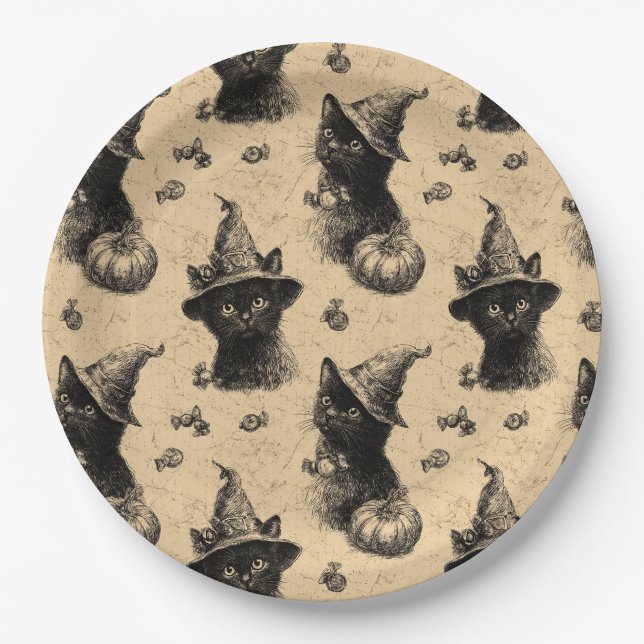 Plato De Papel Patrón de Halloween de Brujas Rústicas de Gato Neg (Anverso)
