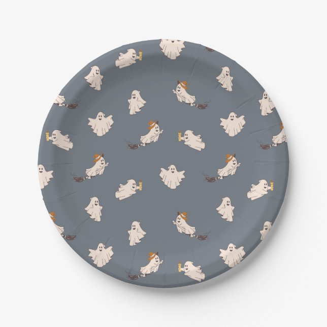 Plato De Papel Patrón de Halloween de fantasmas juguetones (Anverso)