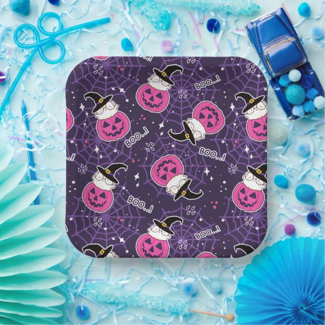 Plato De Papel Patrón de Halloween de gatos y calabazas (Fiesta)