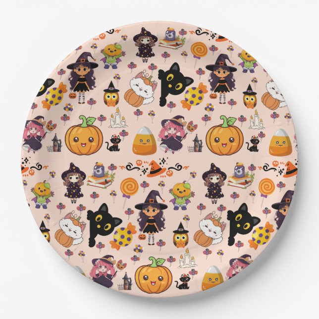 Plato De Papel Patrón de Halloween Kawaii Funny Adorable (Anverso)