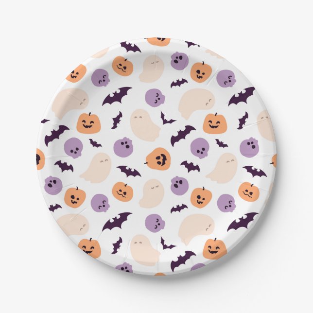 Plato De Papel Patrón de Halloween para niños divertidos (Anverso)