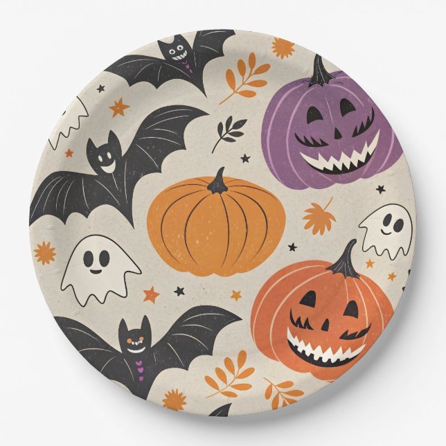 Plato De Papel Patrón de Halloween y otoño (Anverso)