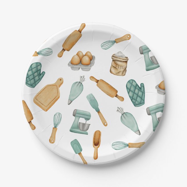 Plato De Papel Patrón de herramientas de panadería verde (Anverso)