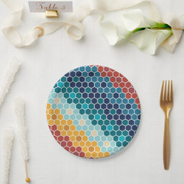 Plato De Papel Patrón de hexágono de mosaico retro-floral colorid