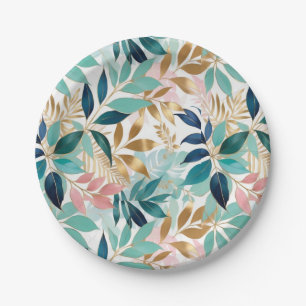 Plato De Papel Patrón de hoja bonita rosa aguamarina