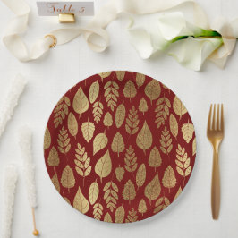 Plato De Papel Patrón de hoja dorada y roja