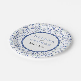 Plato De Papel Patrón de hojas azul índigo boda floral moderno