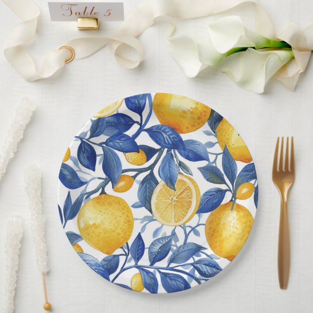 Plato De Papel Patrón de hojas azules de Azulejo Lemons (Boda)