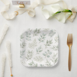 Plato De Papel Patrón de hojas botánicas verde suave