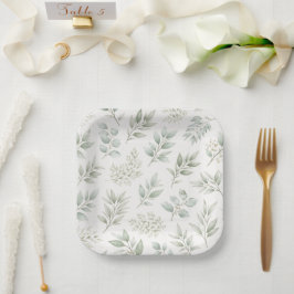 Plato De Papel Patrón de hojas botánicas verde suave