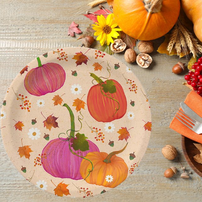 Plato De Papel Patrón de hojas de caída de calabazas (Thanksgiving Fall Pumpkins Paper Plates. In a beautiful festive pattern.)
