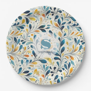 Plato De Papel Patrón de hojas de paisley azul y dorada (2)