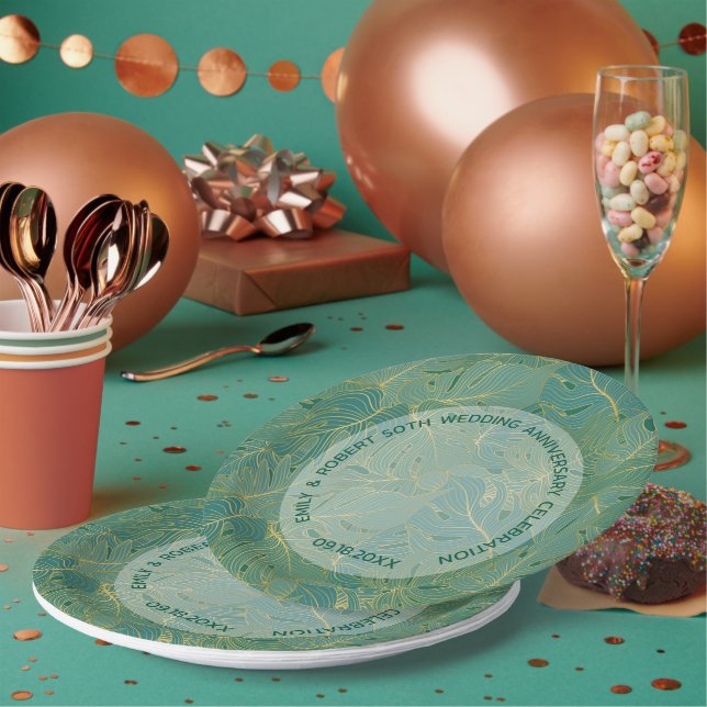 Plato De Papel Patrón de hojas de palma verdes y doradas (Multi)