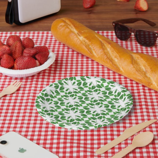 Plato De Papel Patrón De Hojas, Patrón De Hojas, Hojas Verdes (Picnic)