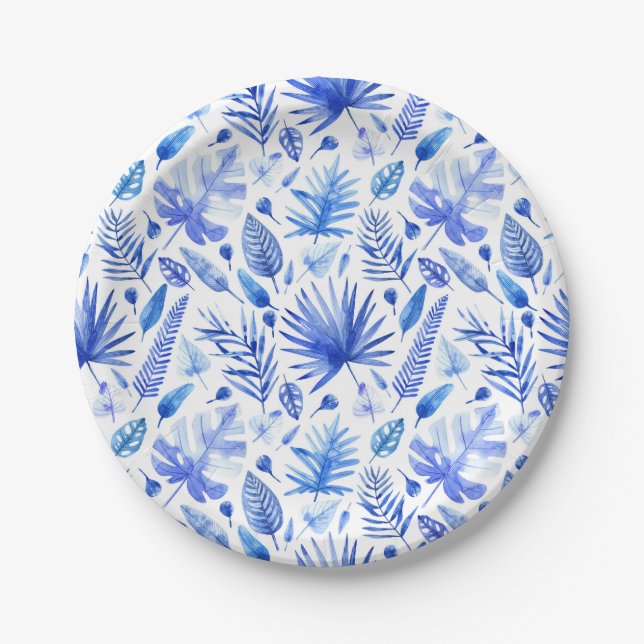 Plato De Papel Patrón de hojas tropicales azul cobalto 7" (Anverso)