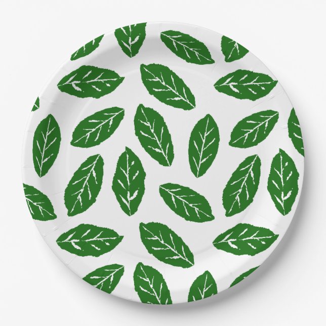 Plato De Papel Patrón de Hojas Verdes (Anverso)