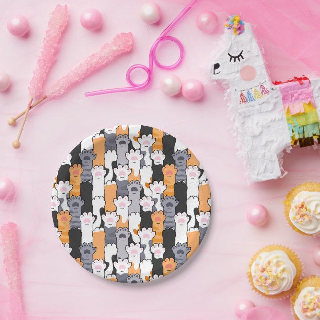 Plato De Papel Patrón de Huellas de Gato (Fiesta)