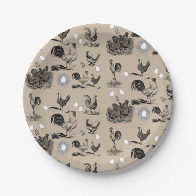 Plato De Papel Patrón de huevo de gallo de pollo de campo vintage (Anverso)