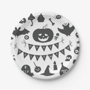 Plato De Papel Patrón de iconos blancos y negros de Halloween
