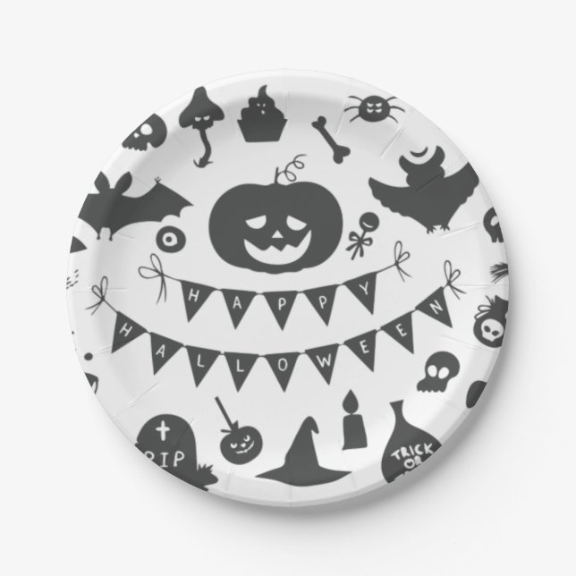 Plato De Papel Patrón de iconos blancos y negros de Halloween (Anverso)