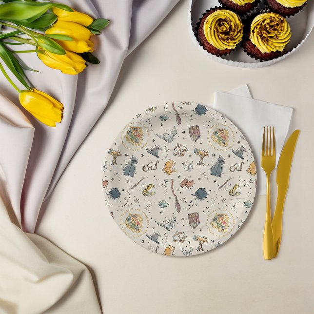 Plato De Papel Patrón de iconos de Harry Potter - Baby Shower (Plate on table)