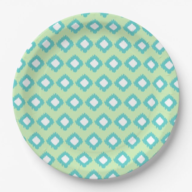 Plato De Papel Patrón de Ikat tribal verde y Verde azulado (Anverso)