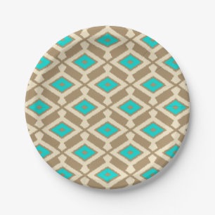 Plato De Papel Patrón de Ikat - Turquesa, Taupe y Beige