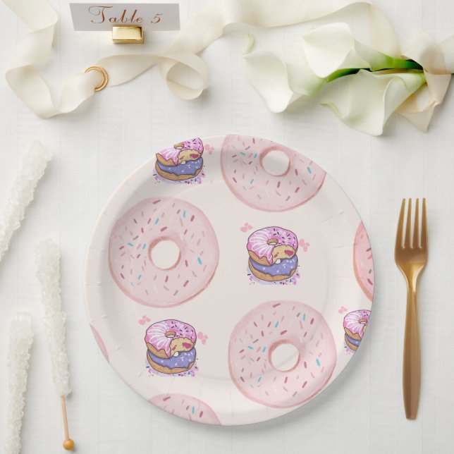 Plato De Papel Patrón de ilustración de donas dulces rosadas lind (Boda)