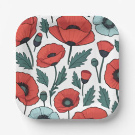 Plato De Papel Patrón de Ilustracion de las flores de adormidera 