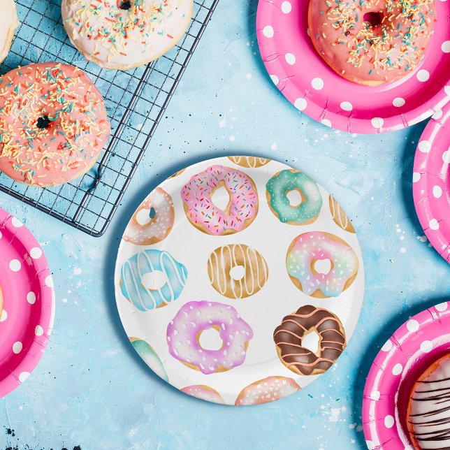 Plato De Papel Patrón de ilustracion dulce de donuts de desierto  (Cute desert sweet donuts illustration pattern paper plates)