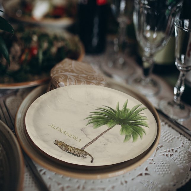 Plato De Papel Patrón de impresión Leopard Palm elegante Personal (Subido por el creador)