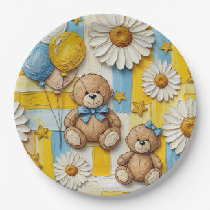 Plato De Papel Patrón de jardín de margaritas de osito de peluche