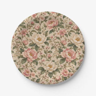 Plato De Papel Patrón de jardín de peonía y rosa romántica vintag