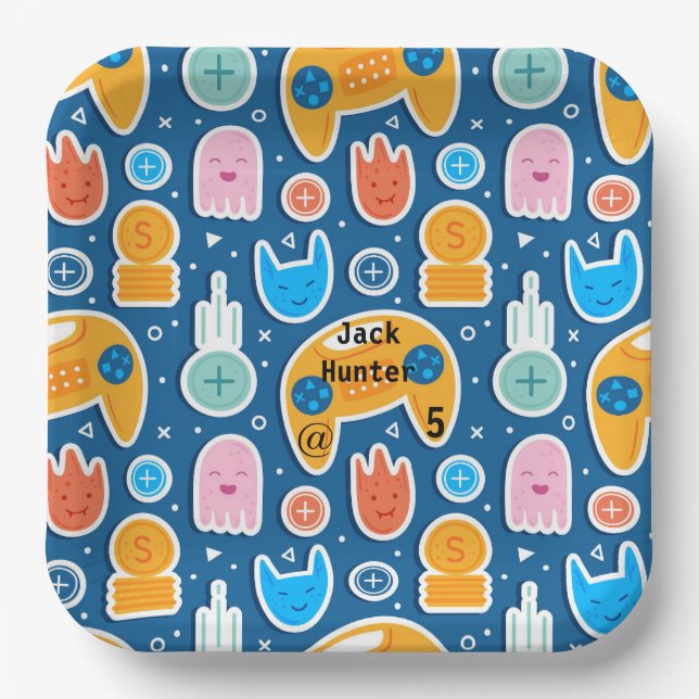 Plato De Papel Patrón de juego de video azul Cumpleaños personali (Anverso)