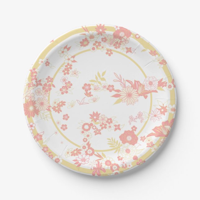Plato De Papel Patrón de Kimono de Flor Rosa (Anverso)