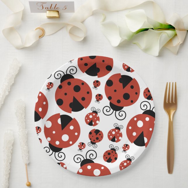 Plato De Papel Patrón De Ladybugs, Cute Ladybugs, Red Ladybugs (Boda)