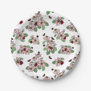 Plato De Papel Patrón de Ladybugs & Daisies Rosa