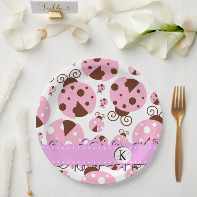 Plato De Papel Patrón De Ladybugs, Ladybugs Rosa, Monograma (Boda)