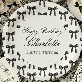 Plato De Papel Patrón de Lazo Negro Cumpleaños Negro y Blanco Vin