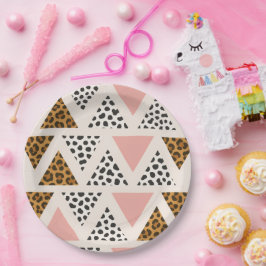 Plato De Papel Patrón de leopardo chic y triángulo rosa